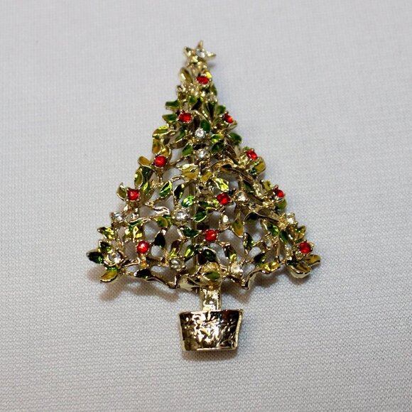 Vintage Gold Tone Christmas Tree with Red and Clear Rhinestones - Picture 2 of 10